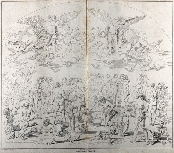 The resurrection of the dead. Etching by G.B. Leonetti after C. Cencioni after L. Signorelli.