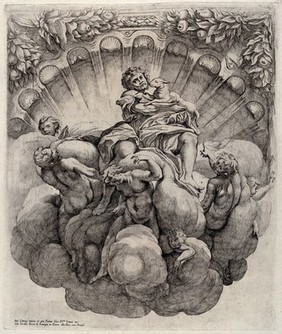 Saint John the Baptist enthroned on clouds, holding a lamb and surrounded by six angels. Etching by G.B. Vanni after A. Allegri, il Correggio.