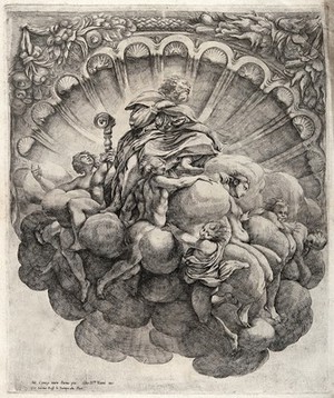 view A bishop surrounded by seven angels. Etching by G.B. Vanni after A. Correggio.