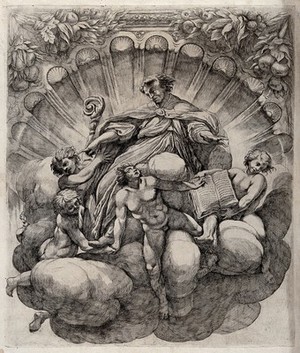 view A bishop surrounded by six angels. Etching by G.B. Vanni after A. Correggio.