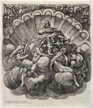 view Saint Joseph in a niche surrounded by a border of scallops, supported by angels. Etching by G.B. Vanni after A. Correggio.