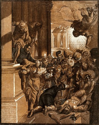 A slave who venerated the relics of Saint Mark is saved from martyrdom when his instrument of torture is broken by a miracle. Colour woodcut by J.B. Jackson, 1731/1745, after J. Robusti, il Tintoretto.