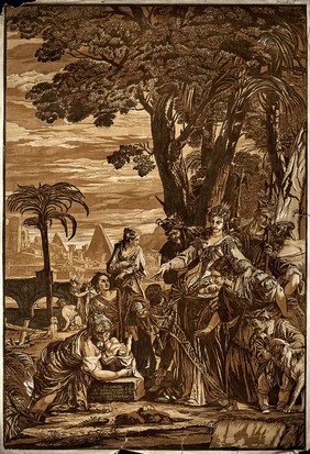 The finding of Moses. Colour woodcut by J.B. Jackson, 1741, after P. Caliari, il Veronese.
