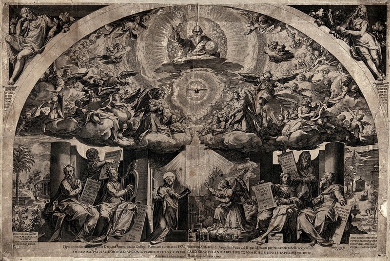 The annunciation with figures from the Old Testament. Etching by C. Cort after F. Zuccari, 1571., 1571, by Federico Zuccari