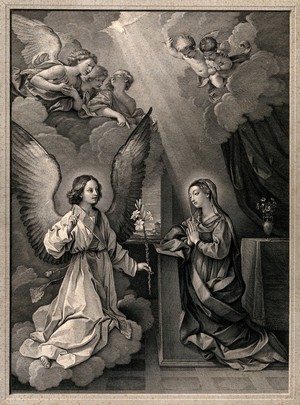 view The Annunciation. Engraving by R. Strange after Guido Reni.