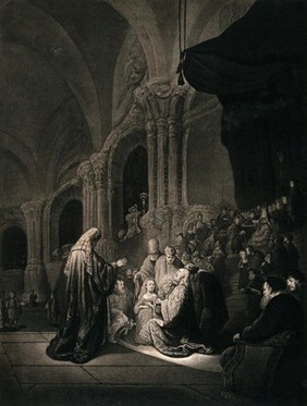 The presentation in the temple. Mezzotint by F.C. Bierweiler, 1835, after Rembrandt, 1631.