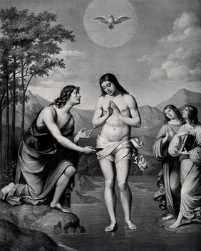 The baptism of Christ. Lithograph by G. Markendorf after Francesco Raibolini, il Francia.