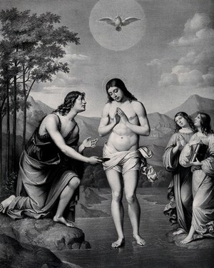 view The baptism of Christ. Lithograph by G. Markendorf after Francesco Raibolini, il Francia.