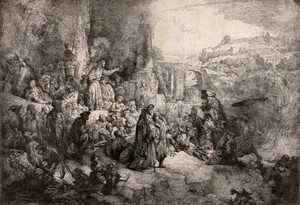 view Saint John the Baptist preaching to the people. Etching by J. P. Norblin de la Gourdaine, 1808, after Rembrandt.