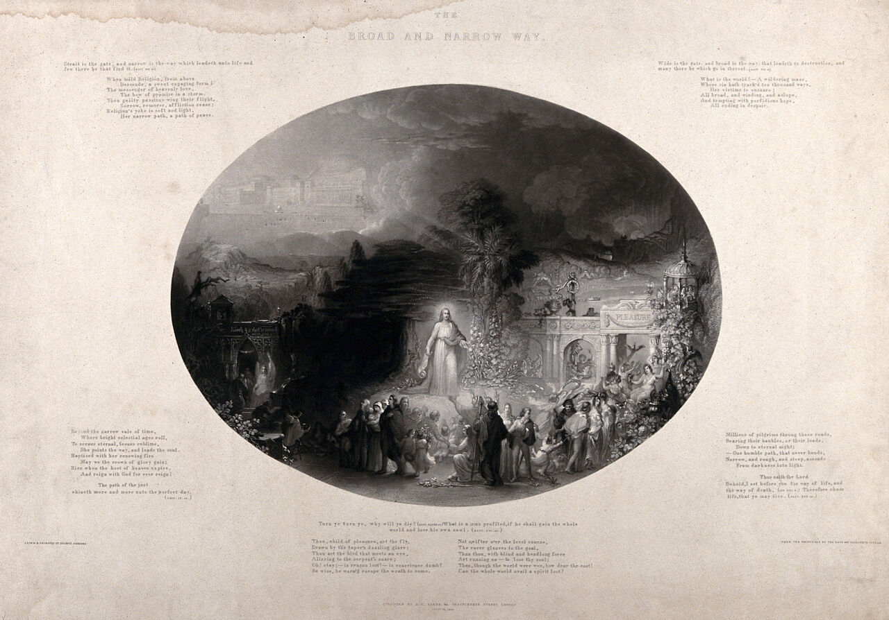 The sermon on the mount, the parable of the narrow and the broad way. Aquatint by G. Sanders after himself., 18 Sept. 1845, by George Sanders