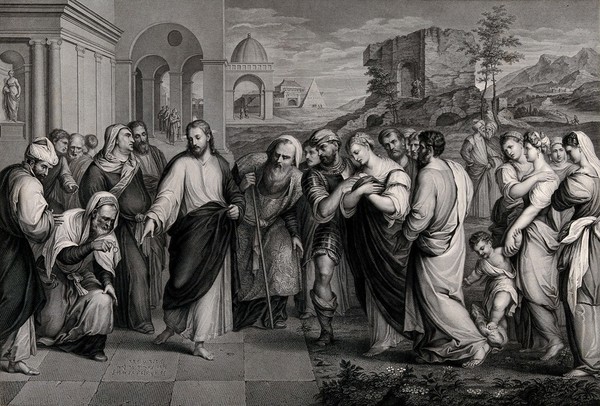 Christ and the woman taken in adultery. Engraving by P. Anderloni after Titian.