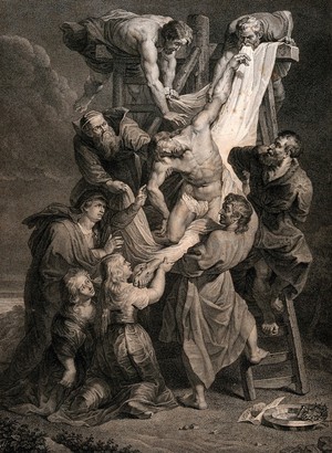 view The descent from the Cross. Engraving by H. Guttenberg after C.A. Chasselat after P.P. Rubens.