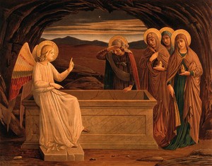 view The women at the grave of Christ: anangel tells them that he is risen. Colour lithograph by M. and N. Hanhart after J.E. Goodall after Fra Angelico.