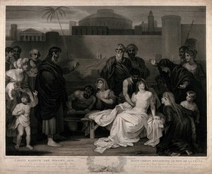 view Christ raising the widow's son. Stipple engraving by J. Godby after R. Smirke, 1808.