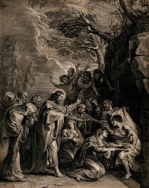 view Christ raising Lazarus. Engraving by Boëtius à Bolswert after P.P. Rubens.