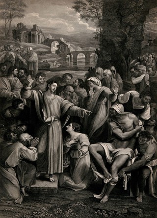 Christ raising Lazarus. Engraving by G. Vendramini, 1828, after Sebastiano del Piombo.