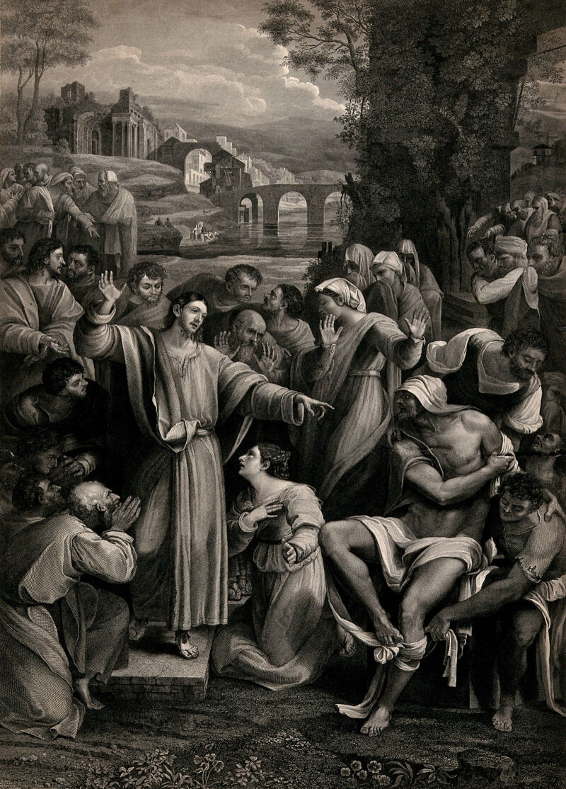 Christ raising Lazarus. Engraving by G. Vendramini, 1828, after Sebastiano del Piombo., 1828, by Sebastiano del Piombo
