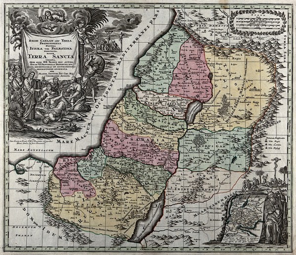 A map of the biblical Palestine with three biblical scenes: Moses and the ten commandments; the serpent on the pole; Christ healing the insane; the Crucifixion. Coloured etching after G. Rogg.