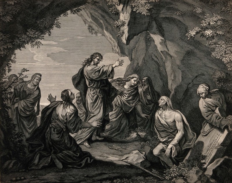 Christ raising Lazarus. Engraving by D. Le Bossu after G. Brandi., 1670-1679, by Giacinto Brandi