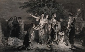 view The wise and foolish virgins. Engraving by L. Stocks, 1846, after J.E. Lauder.