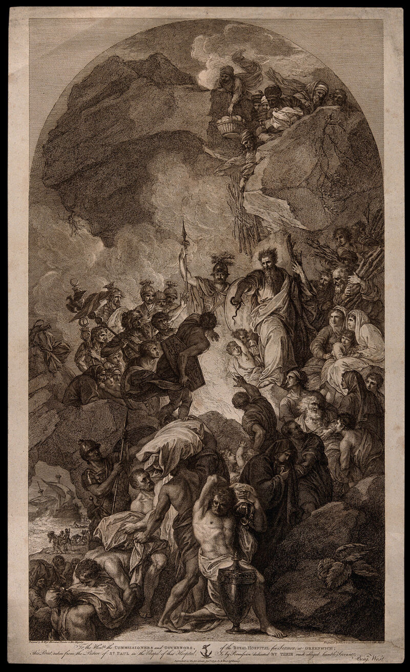 Saint Paul landing on Malta (Acts. 2728). Etching by F. Bartolozzi