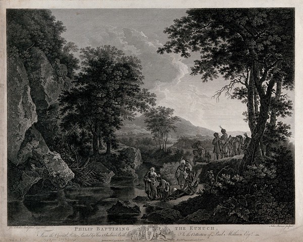 Saint Philip baptising the eunuch. Engraving by J. Browne, 1772, after J. Gresse after J. and A. Both.