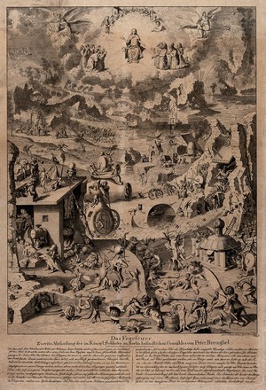 view Purgatory. Etching by E. Henne after P. Bruegel the elder.