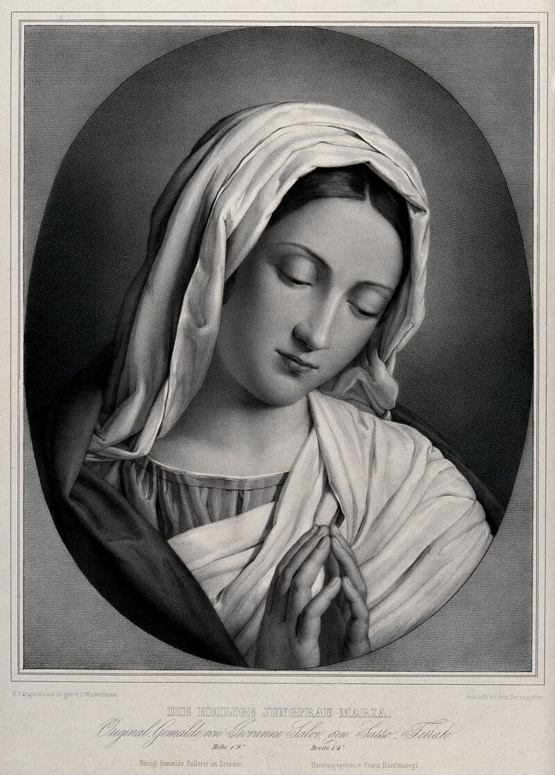 The Virgin Mary. Lithograph by S. Wiedenbauer after G. Salvi, il Sassoferrato., by Giovanni Battista Salvi da Sassoferrato