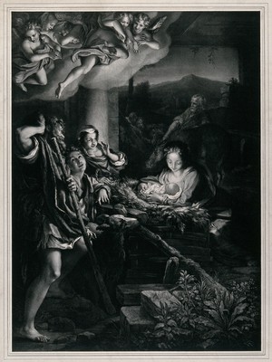 view The adoration of the shepherds. Lithograph by F. Hanfstaengl, 1838, after Antonio Allegri, il Correggio.