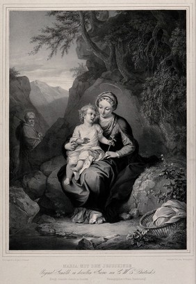 The Holy Family resting on the flight into Egypt. Lithograph by C. Straub after C.W.E. Dietrich.
