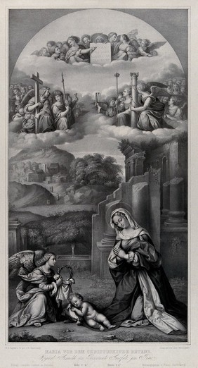 The Virgin Mary venerating the Christ Child with angels presenting the instruments of the Passion. Lithograph by F. Hanfstaengl after Benvenuto Tisi, il Garofalo.
