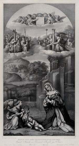 view The Virgin Mary venerating the Christ Child with angels presenting the instruments of the Passion. Lithograph by F. Hanfstaengl after Benvenuto Tisi, il Garofalo.