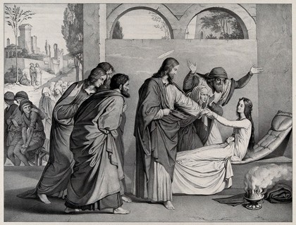 Christ raising Jairus' daughter. Lithograph by M. Fanoli, 1847, after E. Steinle.