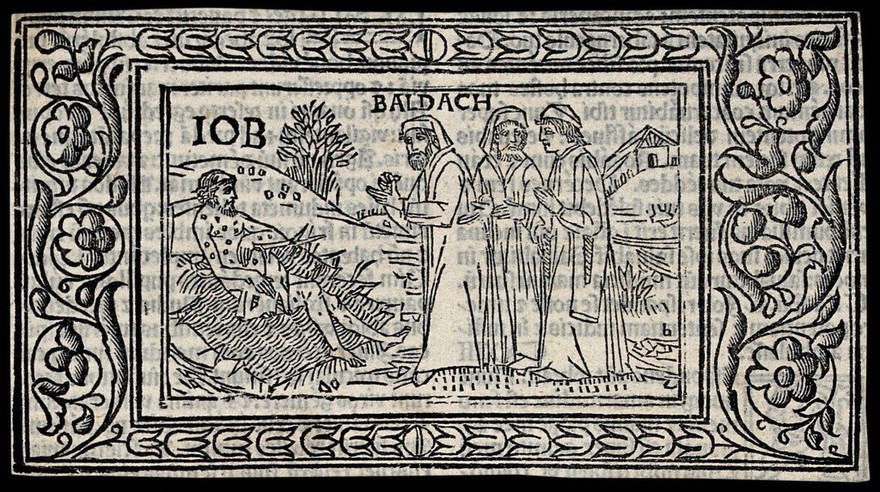 Job and his three friends: the speech of Bildad. Woodcut.