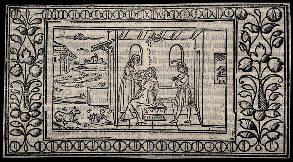 The blinding of Tobit. Woodcut.