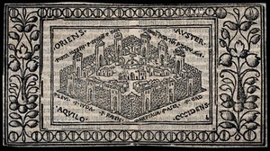 view A map of Jerusalem with its gates. Woodcut.