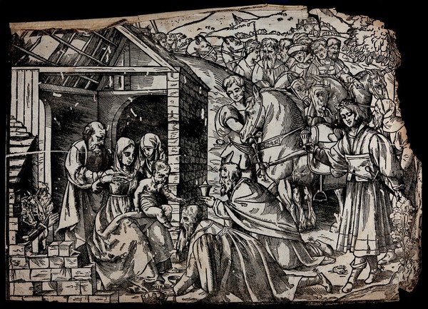 The adoration of the Magi. Woodcut.