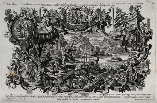 Scenes from the story of Tobit and Tobias. Etching by C. Klauber.