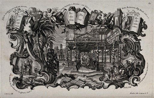 A title page for the biblical books of Wisdom, Sirach and Ecclesiastes: King Solomon sitting in the palace and other scenes. Etching by C. Klauber.