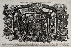 view Daniel in the lions' den, and other scenes from the biblical book Daniel. Etching by J. and J. Klauber.