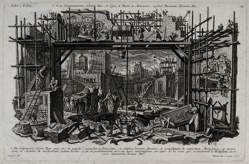 The building of the temple at Jerusalem (Ezra 6.14). Etching by C. Klauber.