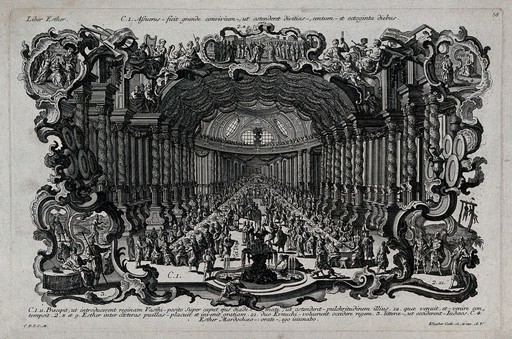 The feast of Ahasuerus and other scenes from the biblical book of Esther. Etching by C. Klauber.