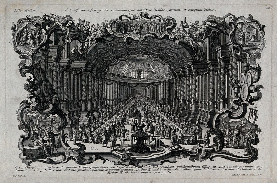The feast of Ahasuerus and other episodes in the biblical book of Esther. Etching by J. and J. Klauber.