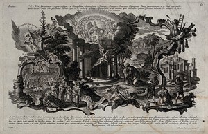 view Isaiah's vision of the Lord's glory (Isaiah 6.1) and other scenes from the book of Isaiah. Etching by J. and J. Klauber.