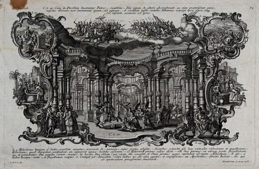 The expulsion of Heliodorus from the temple (2. Macc.3.25) and other scenes from the second book of the Maccabus. Etching by C. Klauber.