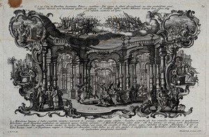 view The expulsion of Heliodorus from the temple (2. Macc.3.25) and other scenes from the second book of the Maccabus. Etching by J. and J. Klauber.