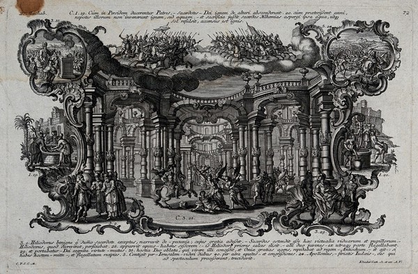 The expulsion of Heliodorus from the temple (2. Macc.3.25) and other scenes from the second book of the Maccabus. Etching by J. and J. Klauber.