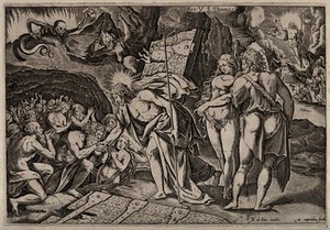 view The harrowing of hell and the resurrection of Christ. Engraving by A. Caprioli after M. de Vos.
