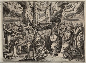 view The Trinity appearing to the Virgin Mary, the apostles and evangelists and Saint Mary Magdalene (?) Engraving by A. Caprioli after M. de Vos.