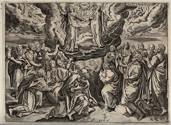 The Trinity appearing to the Virgin Mary, the apostles and evangelists and Saint Mary Magdalene (?) Engraving by A. Caprioli after M. de Vos.